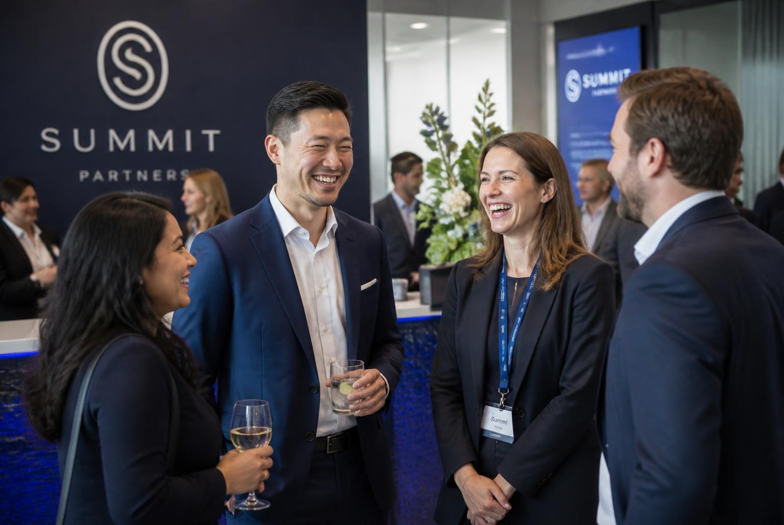 Three coworkers taking a portrait at a corporate reception