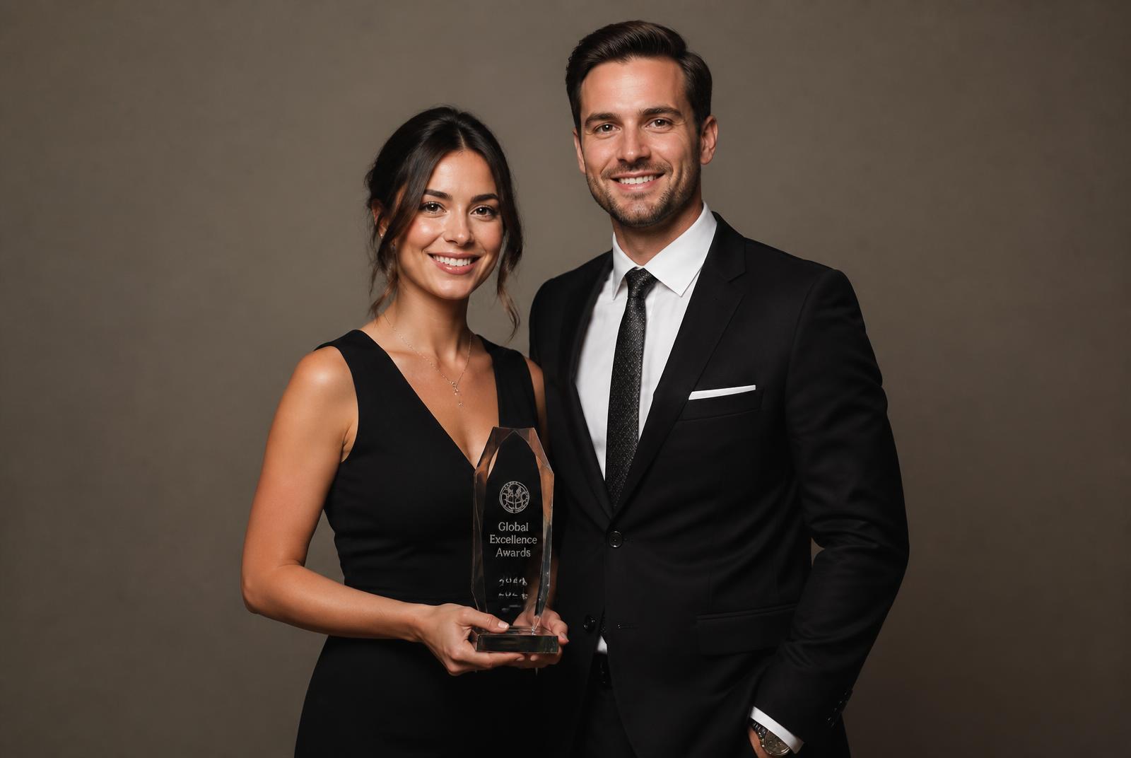 Two colleagues in business formal attire photographed together at a corporate awards gala