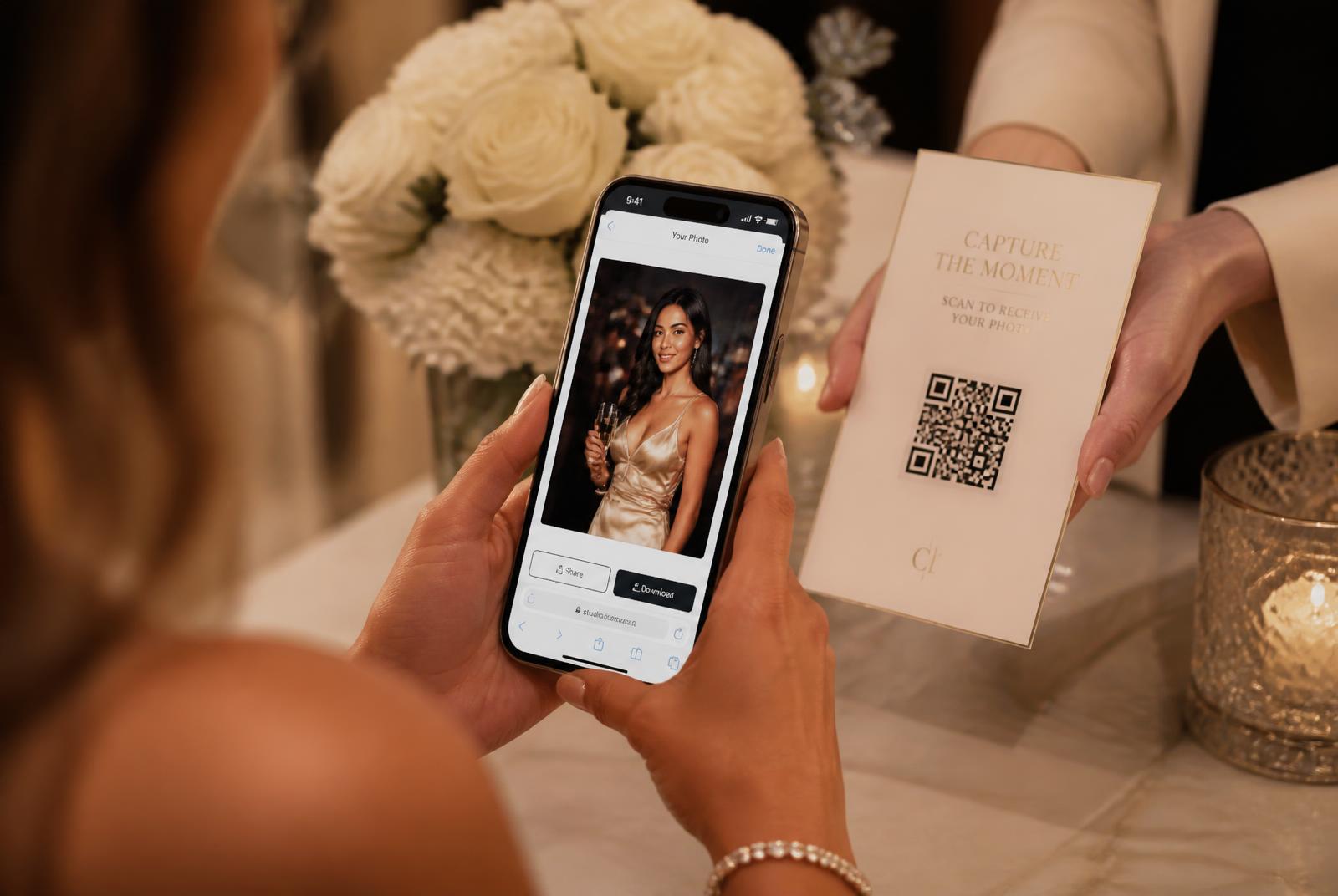 Guest scanning a QR code card on a phone to download an event portrait