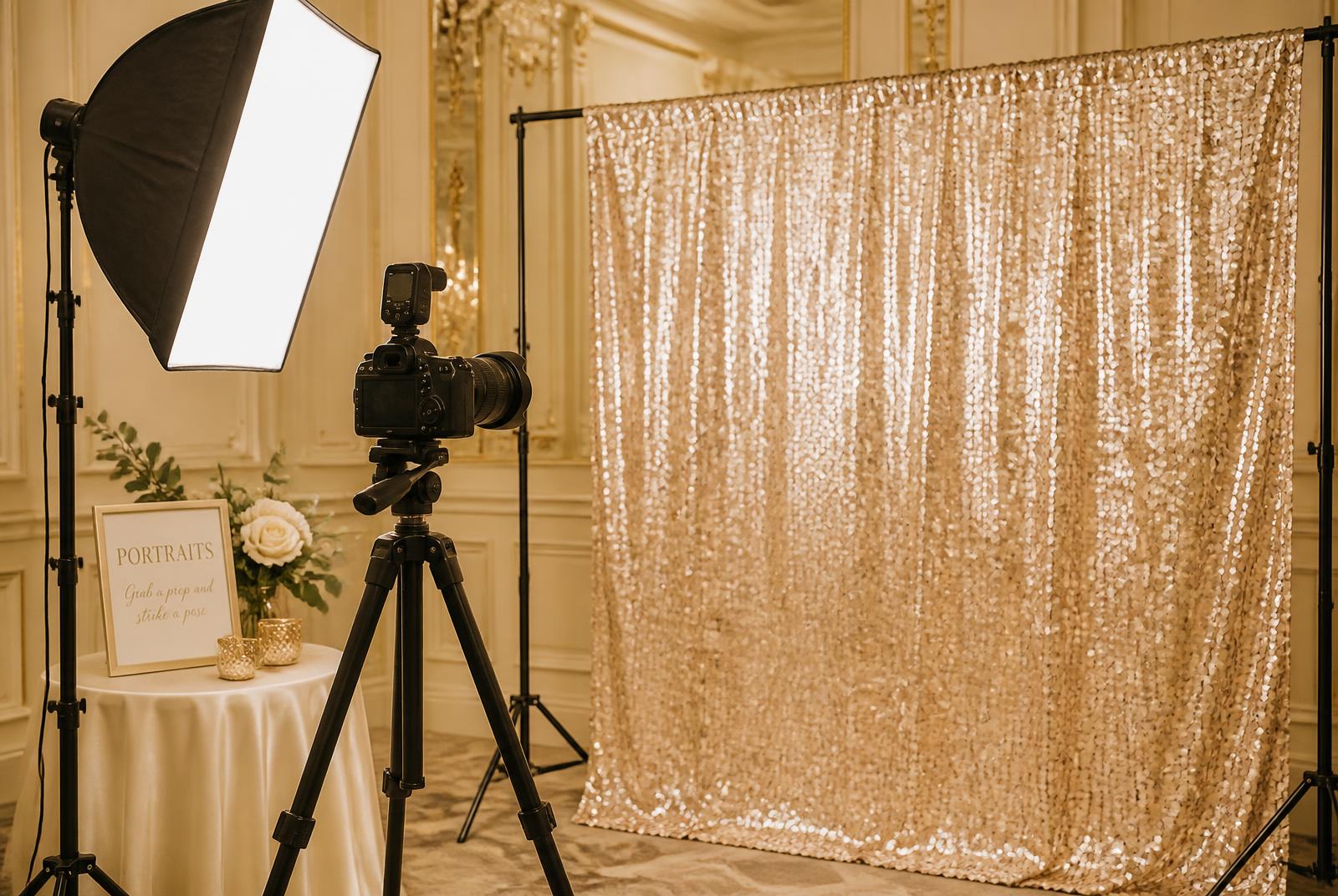 Portrait Station setup with a softbox light, camera on a tripod and a champagne sequin backdrop