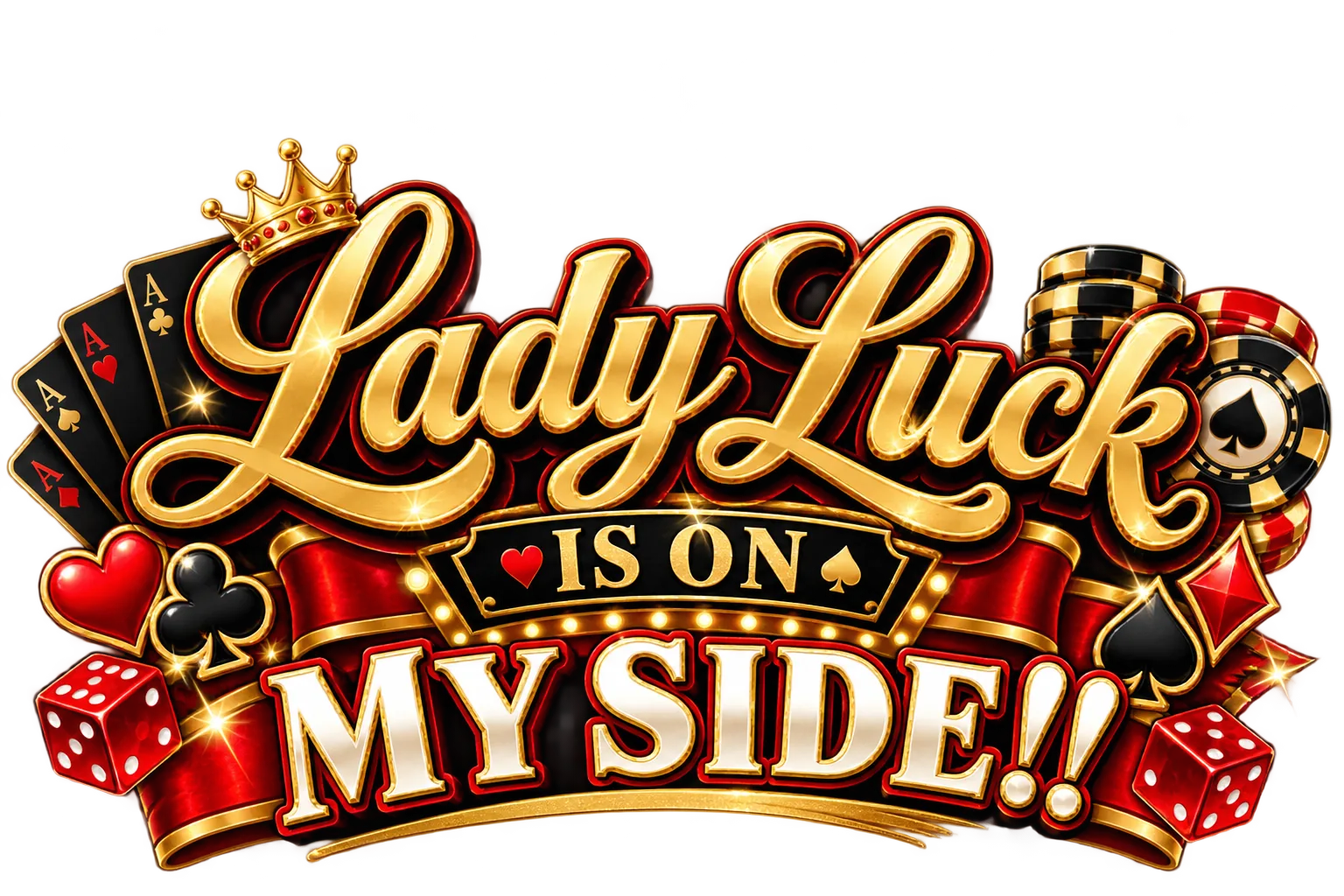 Casino Night festive text design reading 'Lady Luck Is On My Side!!' with marquee gold lettering, playing cards, poker chips, dice and a jeweled crown