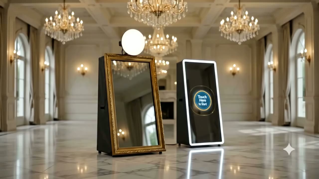 The Fun Frame mirror photo booth and Mirror Air booth set up together in a chandelier-lit Birmingham ballroom