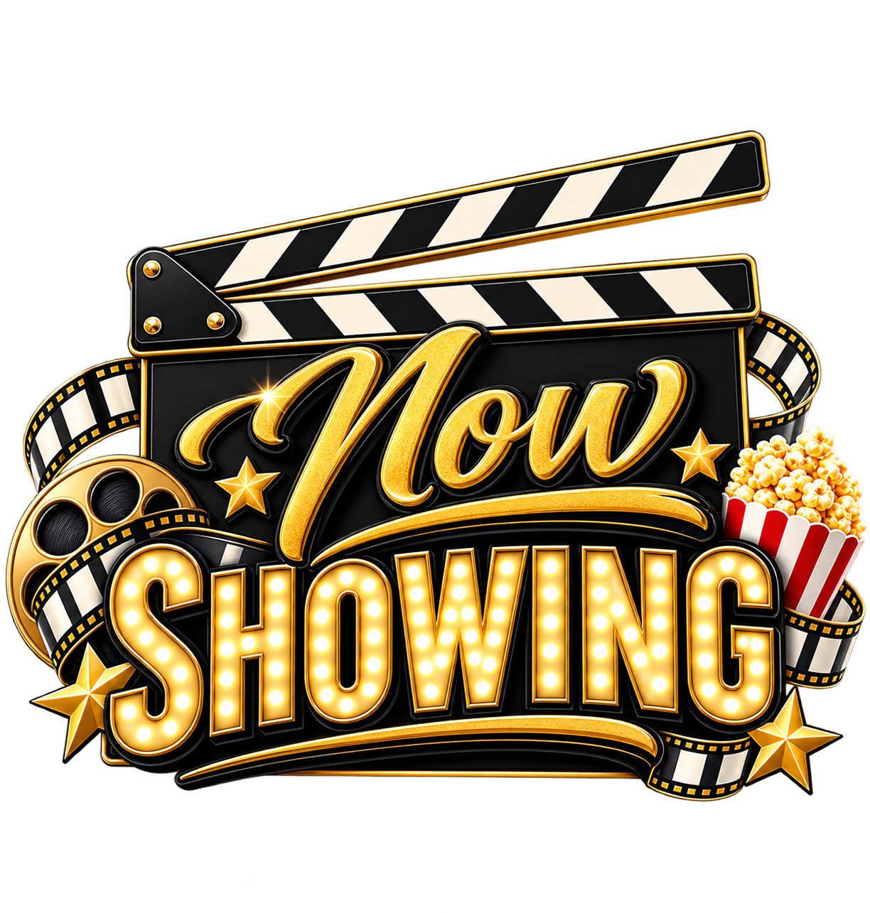 Movie Night festive text design reading 'Now Showing' with a clapperboard, marquee bulb lettering, film reel, popcorn and gold stars