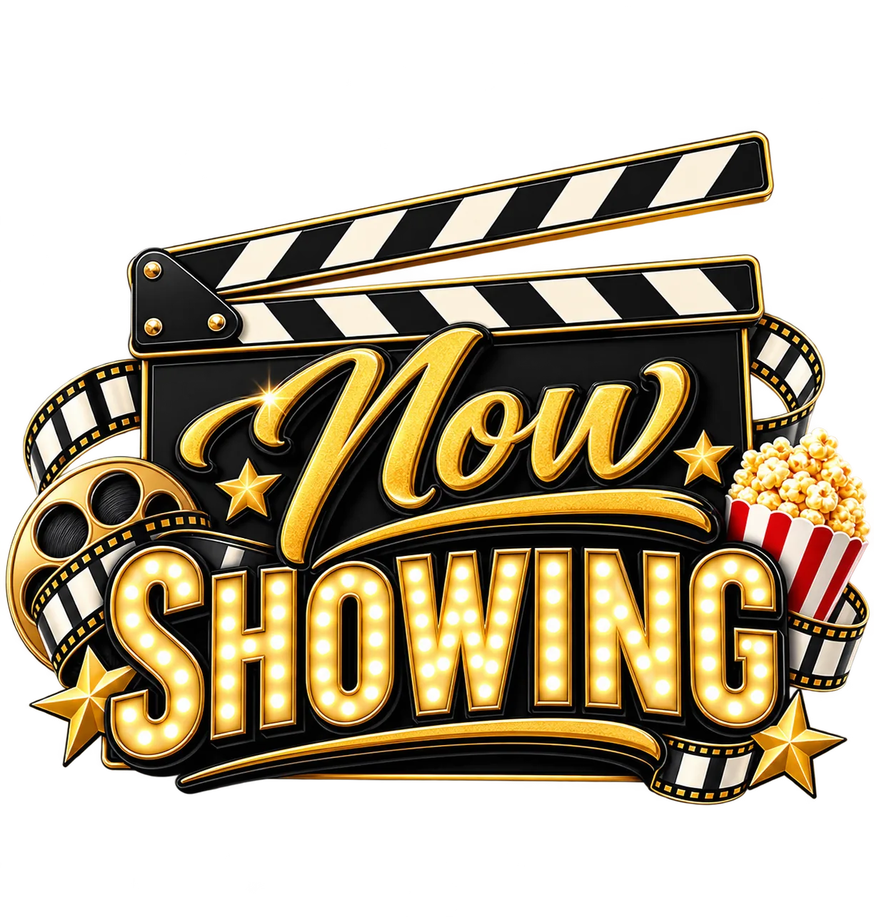 Movie Night festive text design reading 'Now Showing' with a clapperboard, marquee bulb lettering, film reel, popcorn and gold stars