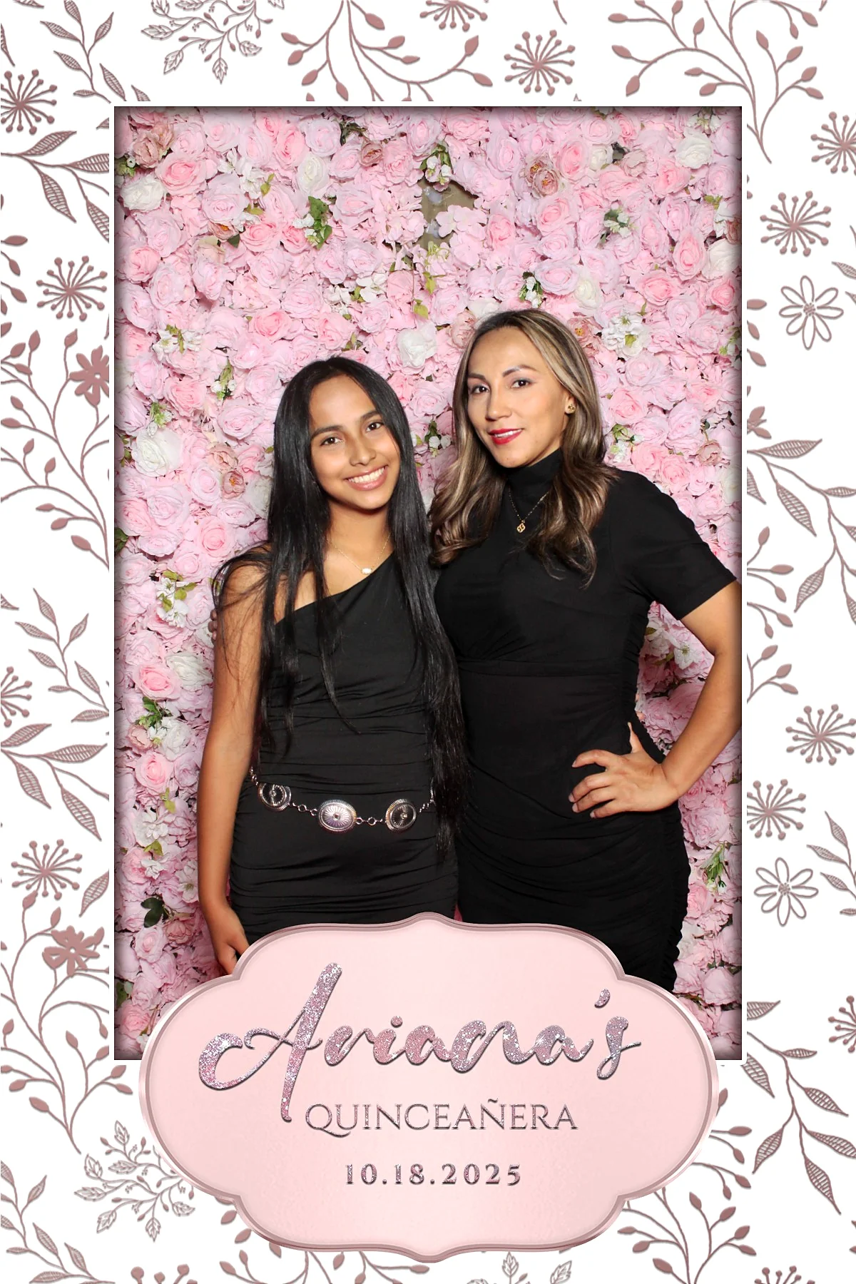 Custom photo booth print for Ariana's Quinceañera on 10.18.2025, designed with hand-drawn rose botanicals on white and a blush cartouche holding the name in glitter script.