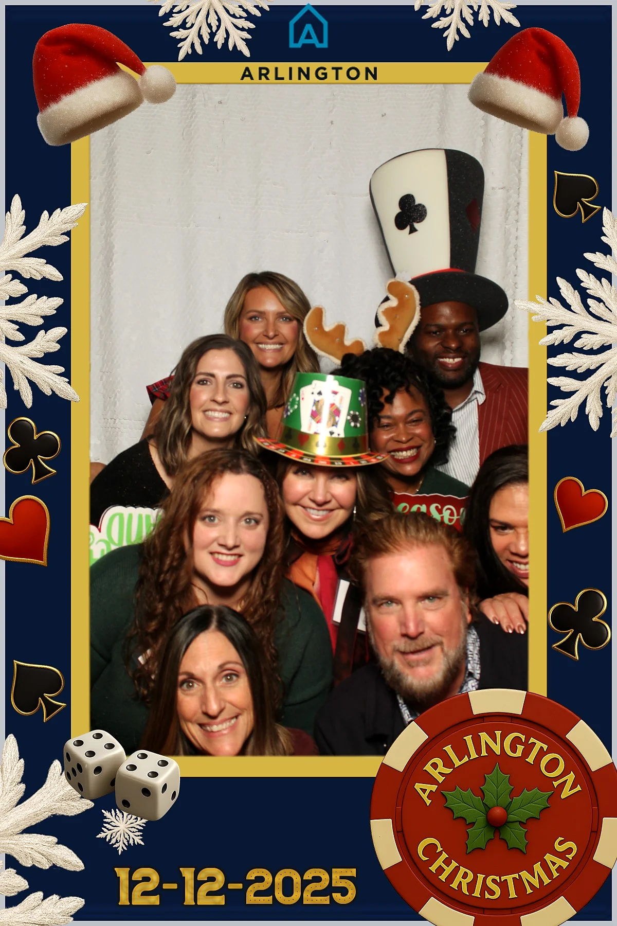 Custom photo booth print for the Arlington Christmas party on 12-12-2025, designed in navy and gold with card suits, dice, snowflakes and a poker chip logo badge.