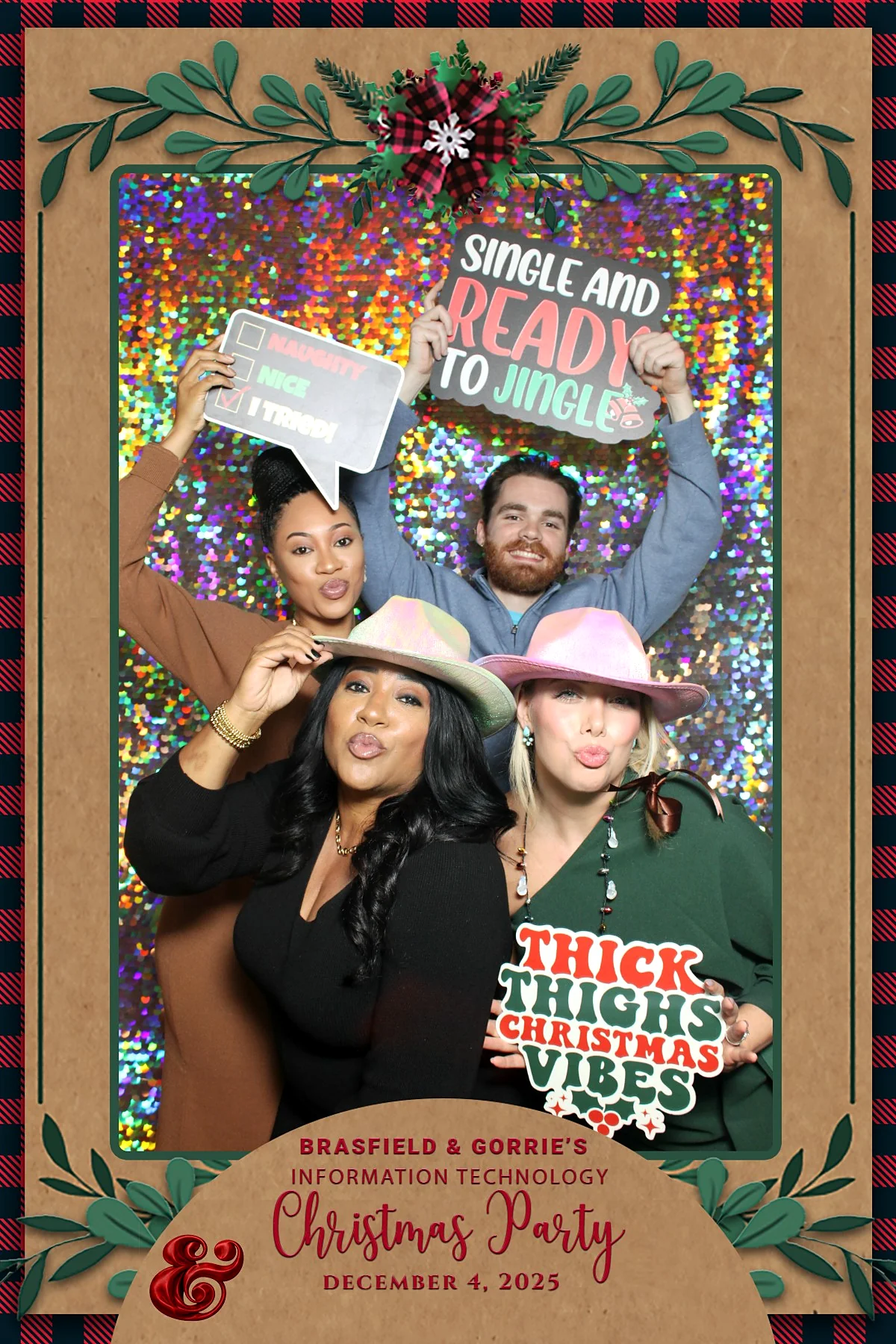 A second custom photo booth print from the Brasfield & Gorrie Information Technology Christmas Party on December 4, 2025, using the same kraft and tartan holiday design.