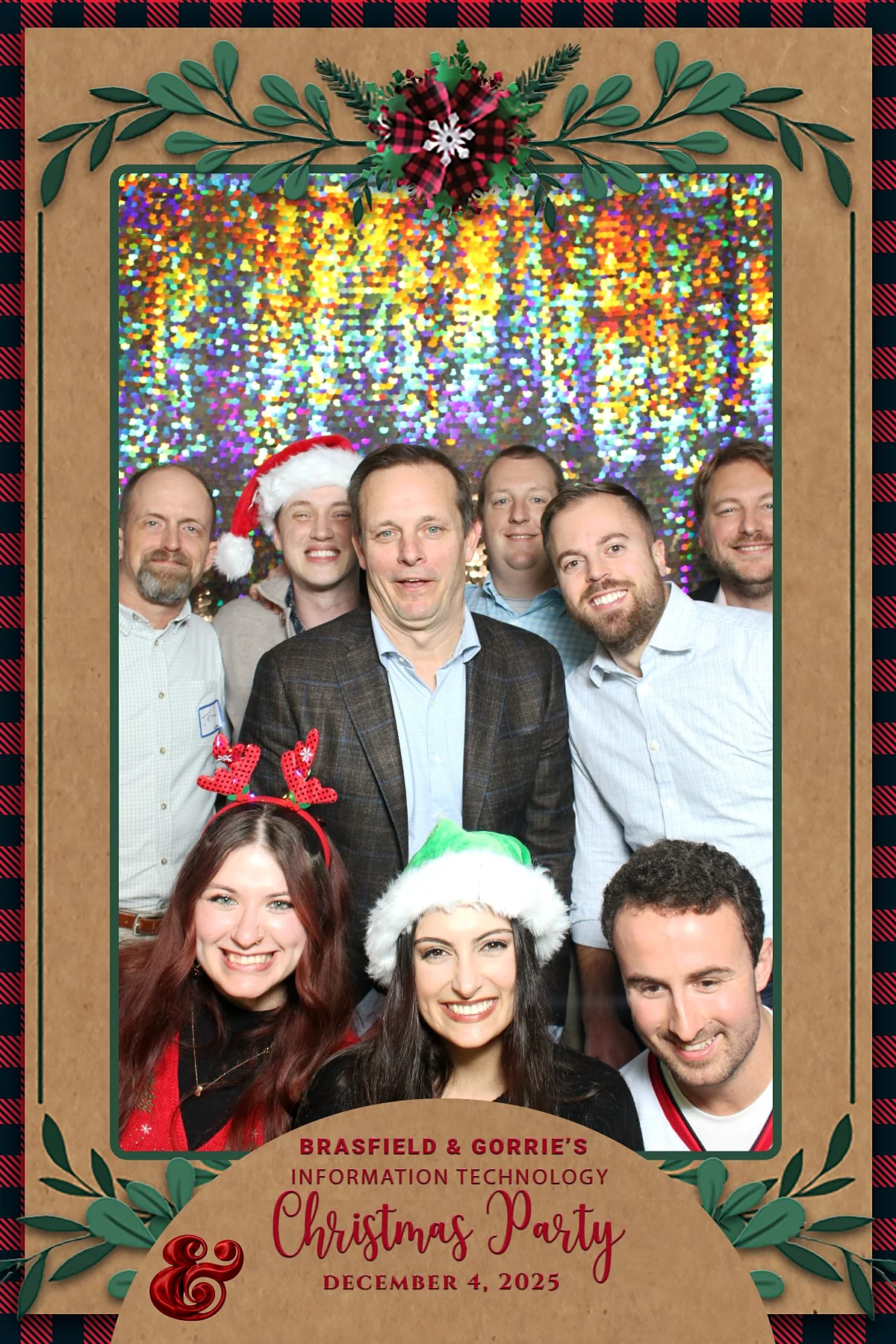 Custom photo booth print for the Brasfield & Gorrie Information Technology Christmas Party on December 4, 2025, framed by a kraft and tartan border with greenery and a red script logotype.