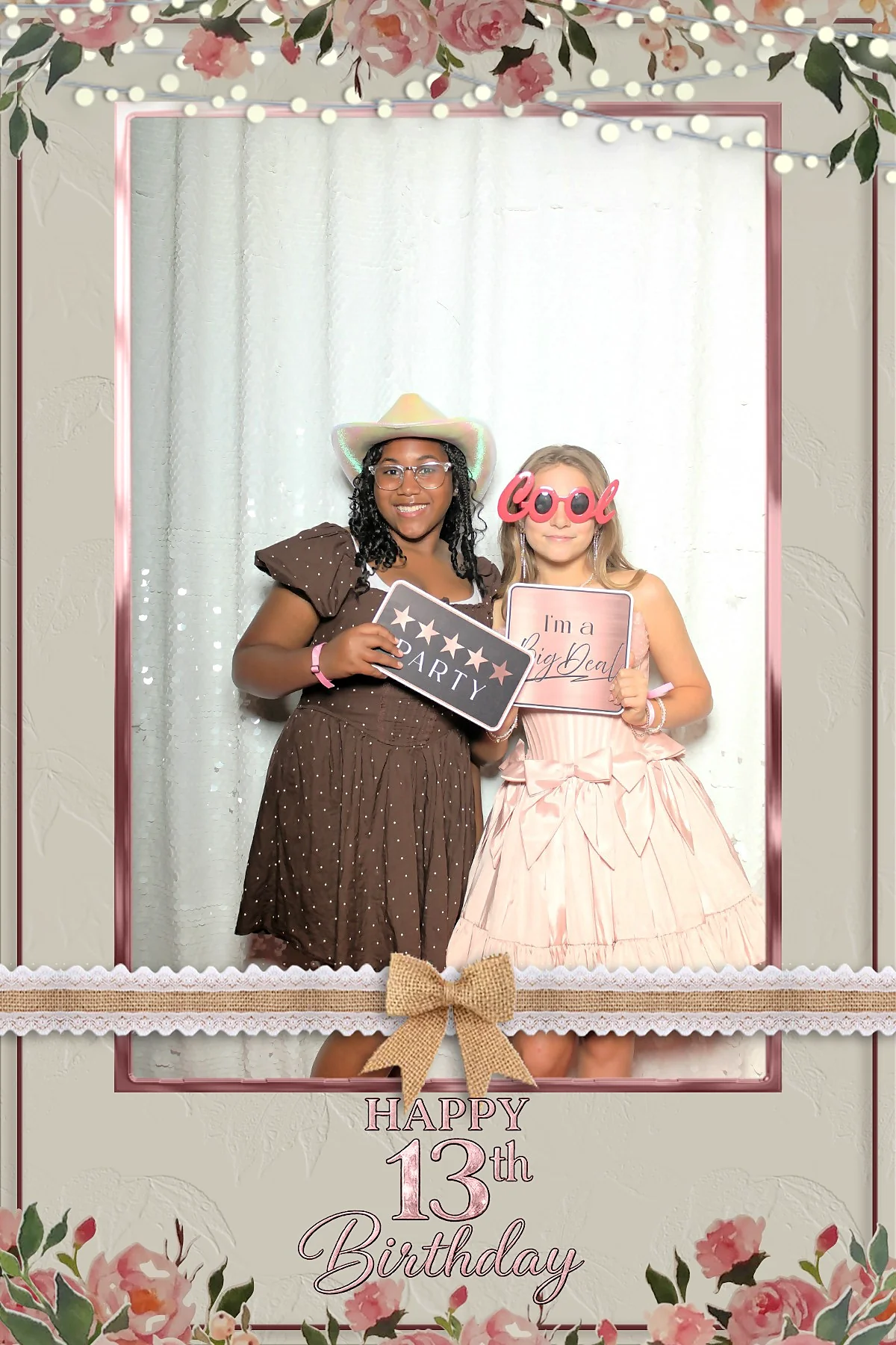 Custom photo booth print for a 13th birthday party, designed with watercolor roses, string lights, a burlap and lace ribbon and a rose gold birthday logotype.