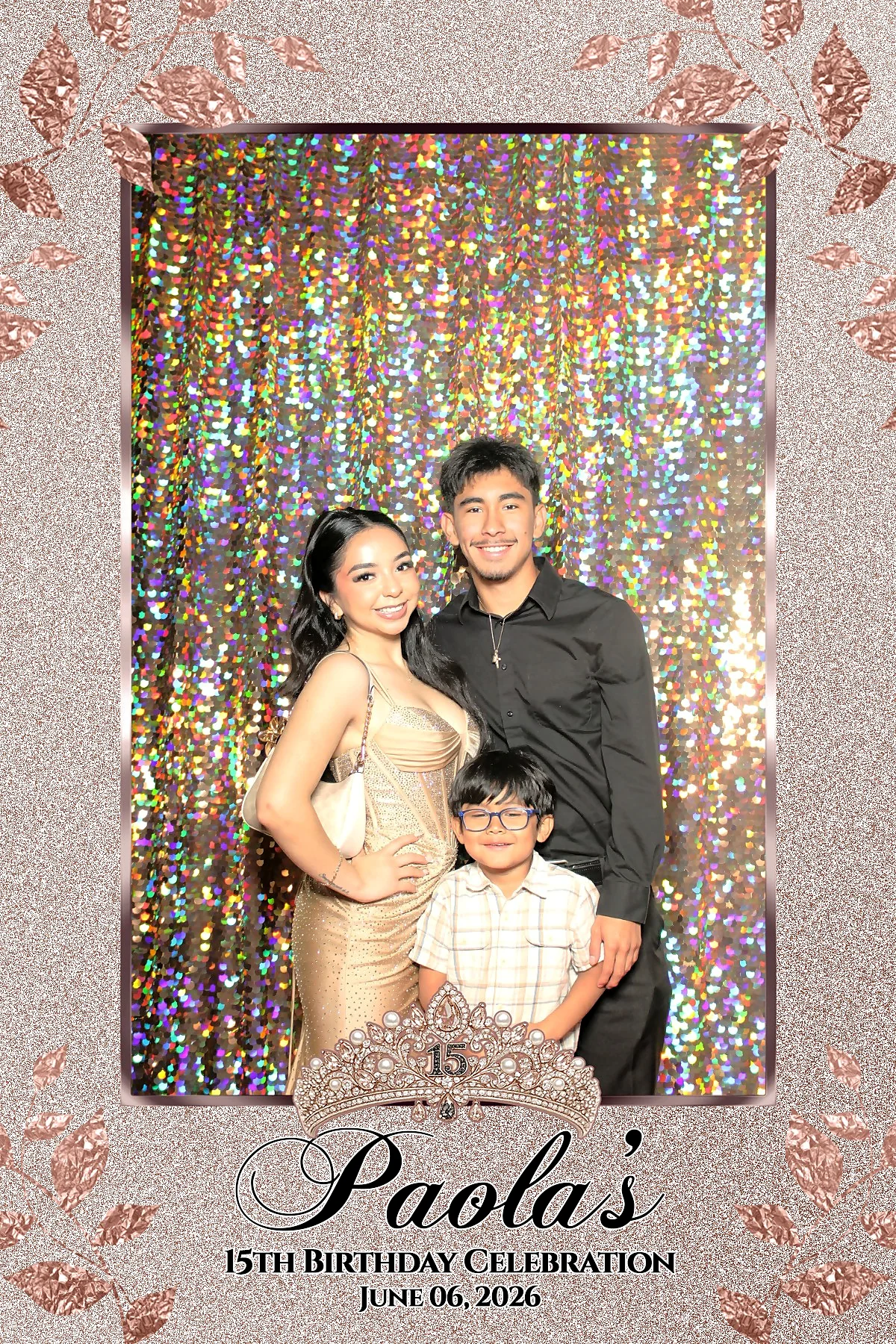 Custom photo booth print for Paola's 15th Birthday Celebration on June 06, 2026, designed with rose gold foliage and a jeweled tiara crest above the name in script.