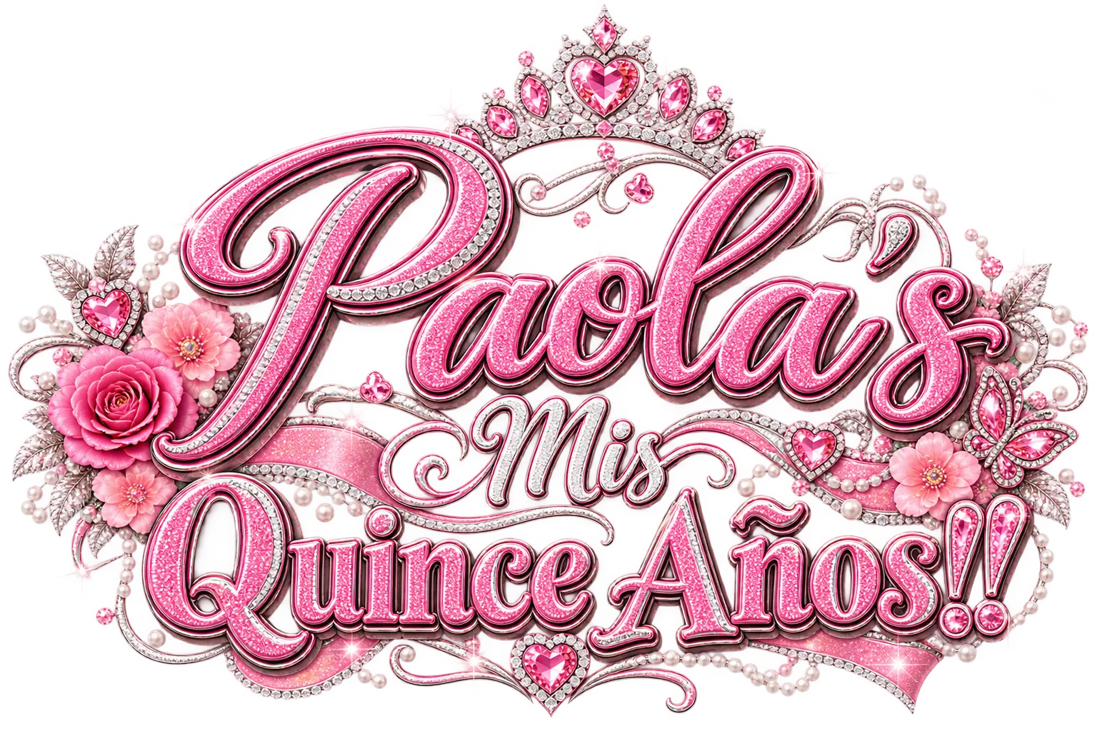 Quinceañera festive text design reading 'Paola's Mis Quince Años!!' with a jeweled tiara, pink roses, pearls and sparkling hearts
