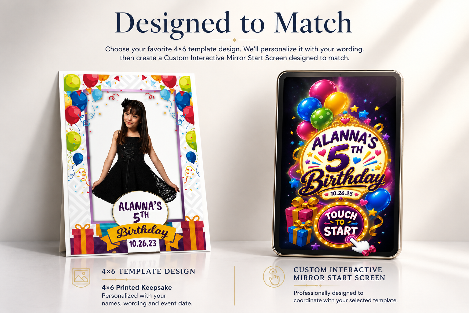 Designed to Match showcase: a 4x6 birthday template with colorful balloons, confetti and gifts beside the matching interactive mirror start screen for Alanna's 5th birthday