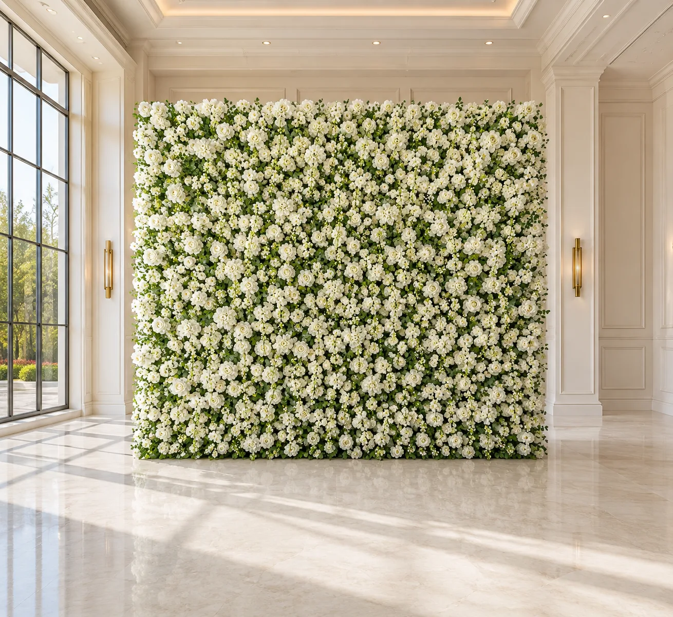 A handcrafted ivory rose flower wall styled as a photo booth backdrop