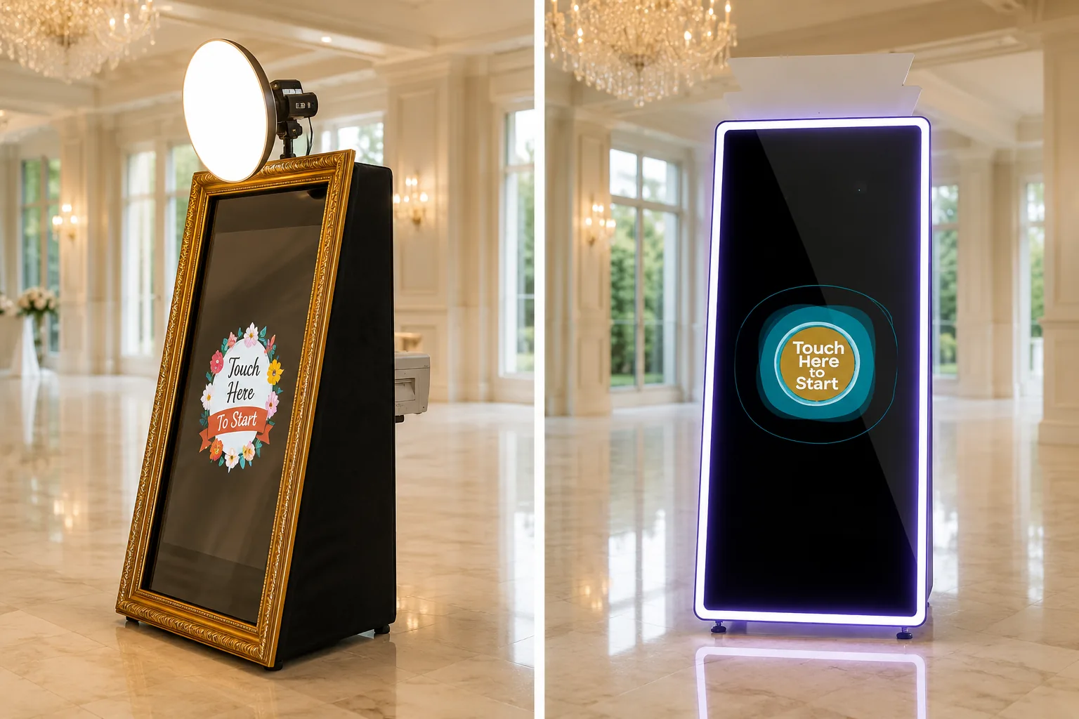 The Fun Frame mirror photo booth, a full-length interactive mirror on a slim stand