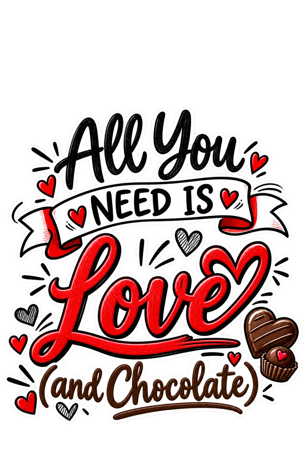 Valentine's Day festive text design reading 'All You Need is Love (and Chocolate)' with hand-lettered red script, ribbon banner, hearts and chocolate truffles
