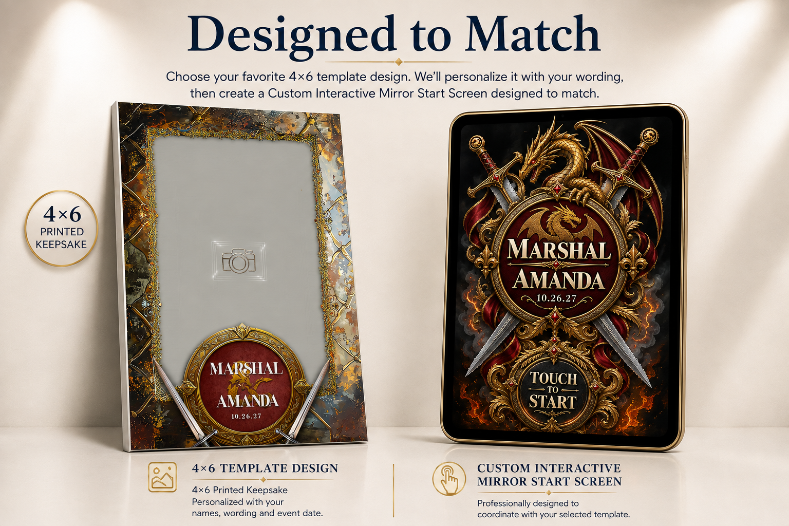 Designed to Match showcase: a gilded crest and crossed swords 4x6 wedding template beside the matching interactive mirror start screen for Marshal and Amanda
